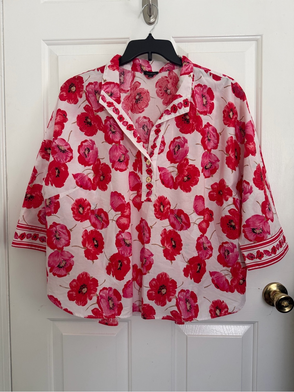 Talbots Women's Cotton Floral Button-Front Poppy Popover Blouse Size XL